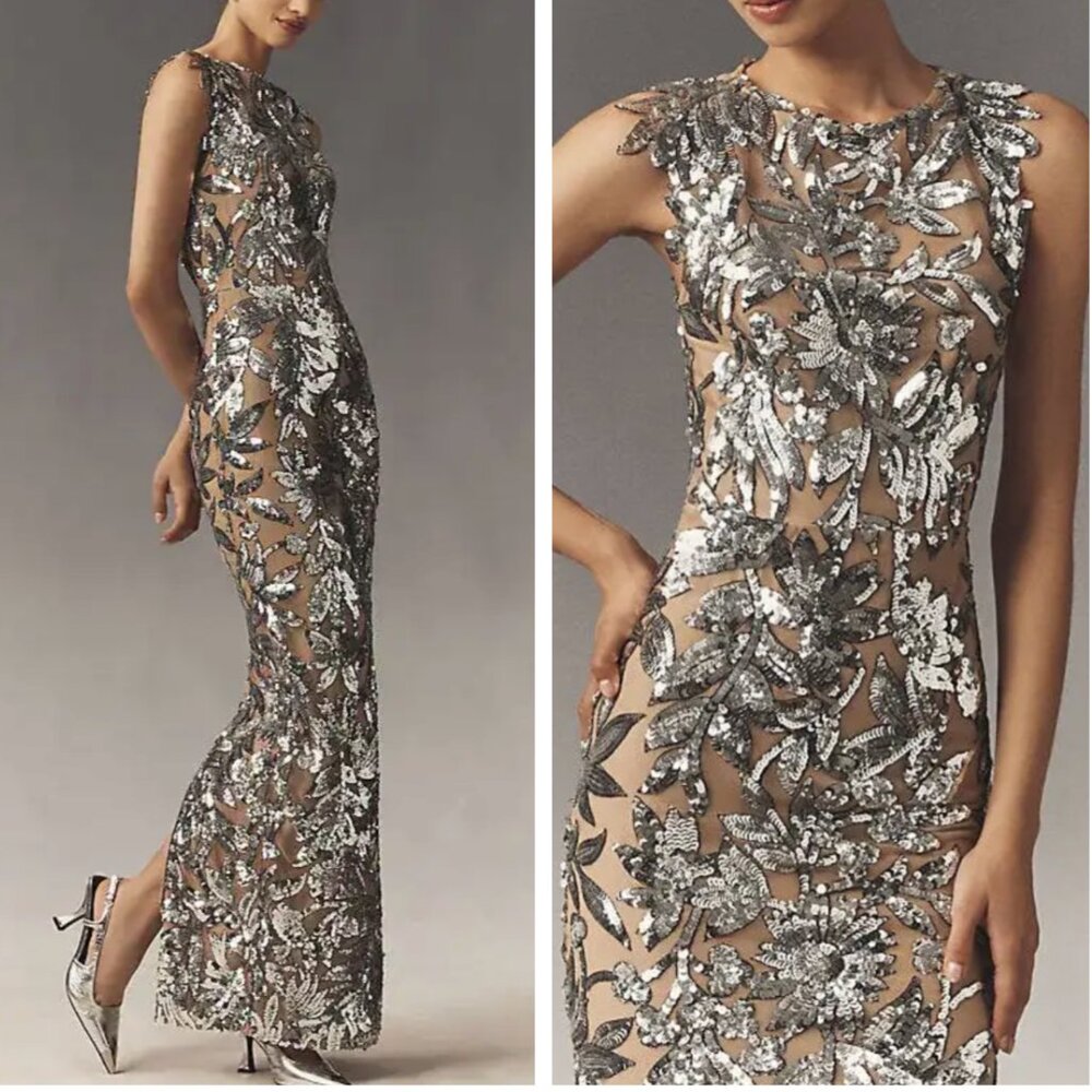 Bronx and Banco Silver Sequin Nude Sheer Maxi Dress